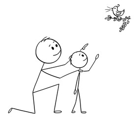 Cartoon stick man drawing conceptual illustration of father and son watching together a wild bird in the nature.