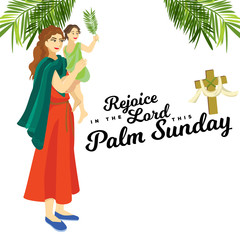religion holiday palm sunday before easter, celebration of the entrance of Jesus into Jerusalem, happy people with palmtree leaves vector illustration, woman with kid greetings Christ