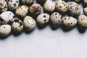 Spotted quail eggs on white marble background.