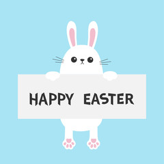 White bunny rabbit hanging on paper board template. Happy Easter. Paw print. Funny head face. Big ears. Cute cartoon character. Kawaii animal. Baby card. Pet collection. Flat design. Blue background
