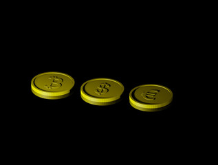 Drei goldene Münzen auf schwarzem .Hintergrund (3D-Rendering)