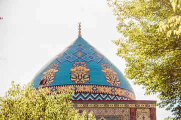 Blue mosque. Elegant islamic masjid building. Travel to Armenia, Caucasus. Touristic architecture landmark. Sightseeing in Yerevan. City tour. Tourism industry. Religious concept. Dome close up