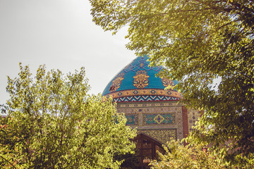 Blue mosque. Elegant islamic masjid building. Travel to Armenia, Caucasus. Touristic architecture landmark. Sightseeing in Yerevan. City tour. Tourism industry. Religious concept. Decorated dome