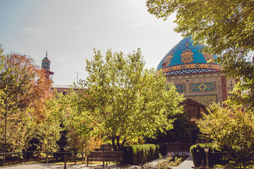 Blue mosque courtyard. Elegant islamic masjid building. Travel to Armenia, Caucasus. Touristic architecture landmark. Sightseeing in Yerevan. City tour. Tourism industry. Sunny day. Religion concept