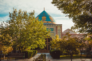 Blue mosque yard. Elegant islamic masjid building. Travel to Armenia, Caucasus. Touristic architecture landmark. Sightseeing in Yerevan. City tour. Tourism industry. Sunny autumn day. Religion concept