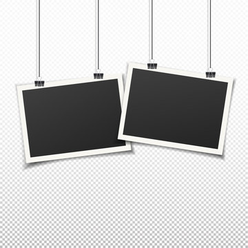 Set of two vintage photo frames. Vintage style. Vector illustration. Photorealistic Vector EPS10 mockups on transparent background. 2 retro photo frame templates hanging on wall for your photos.