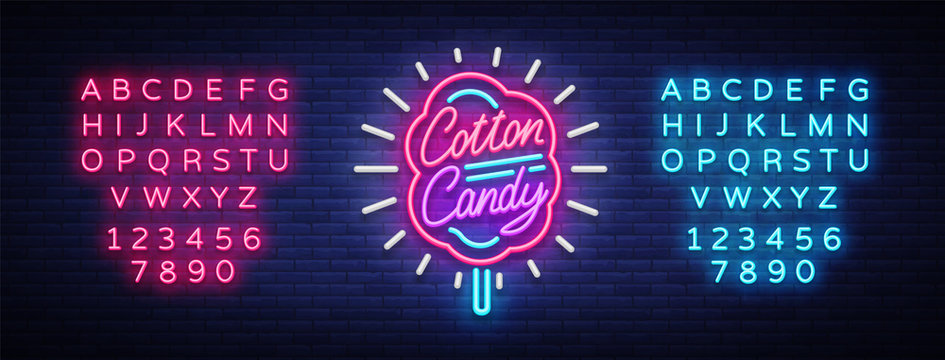 Cotton candy neon sign. Cotton candy logo in neon style symbol banner light, bright cotton candy night advertising, billboard. Design template. Vector illustration. Editing text neon sign
