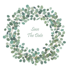 Round wreath with silver dollar eucalyptus. Healing Herbs for cards, wedding invitation, posters, save the date or greeting design.