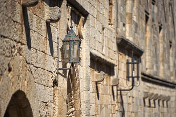 Ancient lantern on the Knights street in Rhodes city