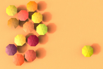 3D rendering of a group of sun umbrellas with one exclude from the group