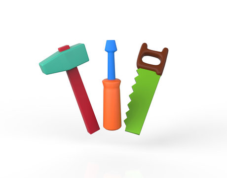 Childrens play toolkit with work tools isolated on white. Hammer, saw, screwdriver. 3d image