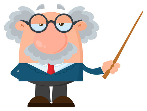 Professor Or Scientist Cartoon Character Holding A Pointer. Illustration Flat Design Isolated On White Background