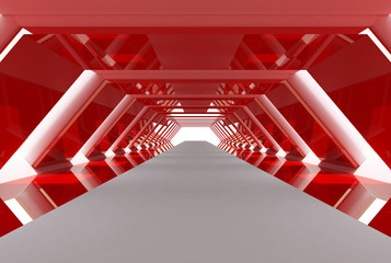Futuristic red corridor or tunnel with glossy architectural elements