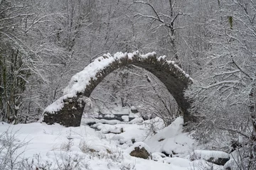 Papier Peint photo autocollant Rudnes Arch bridge in mountains during winter, South Alps, Italy