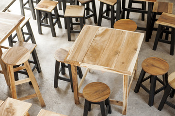 Wooden furniture. Wooden table and wooden chair. Light brown color.