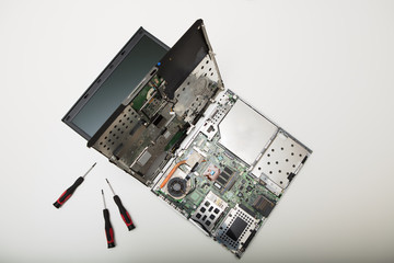 High angle view of disassembled laptop computer