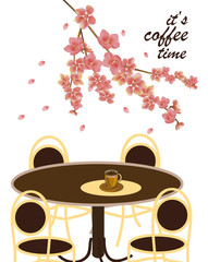 Vector poster with spring. All wakes up, flowers sakura blossom. Typography card, image with lettering.  It's coffee time.