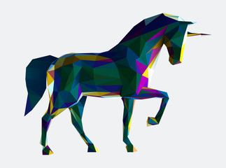 Low poly vector unicorn illustration. Horse illustration made by polygonal shapes and dark iridescent colors. © Kundra