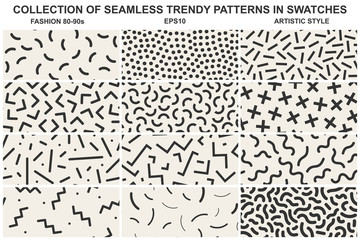 Collection of memphis seamless patterns. Fashion style 80-90s. You can find seamless backgrounds in swatches panel