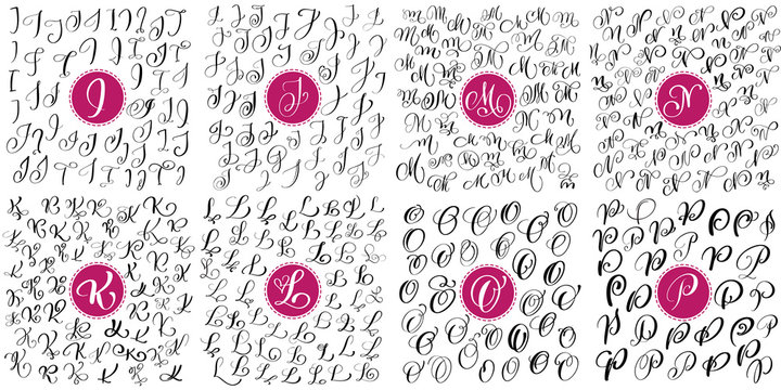 Set of Hand drawn vector calligraphy letters I, J, K, K, M, N, O, P. Script font alphabet. Isolated letters written with ink. Handwritten brush style. Hand lettering for logos packaging design poster