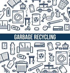 Garbage recycling promotional poster with sketch illustrations set