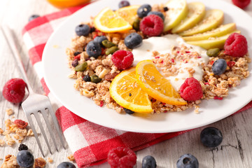 muesli, fruit and yogurt