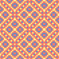 Geometric red orange seamless pattern. Bright background with blue and yellow design