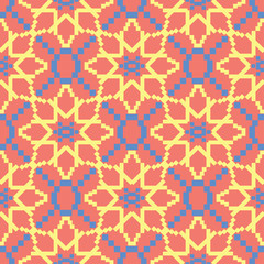 Geometric bright multi colored seamless background. Blue and beige elements on orange background