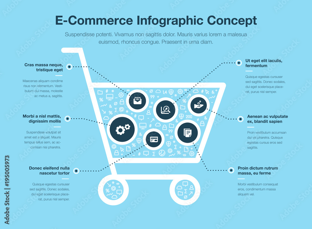 Poster e-commerce infographic concept with shopping cart symbol filled with small icons isolated on blue ba