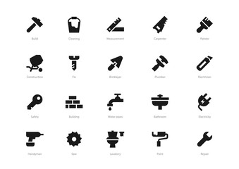 Set of black solid construction icons isolated on light background. Contains such icons Fix, Build, Lavatory, Repair and more.