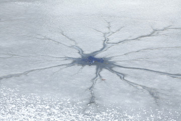 Eisloch,  verschneite rissige Eisfläche