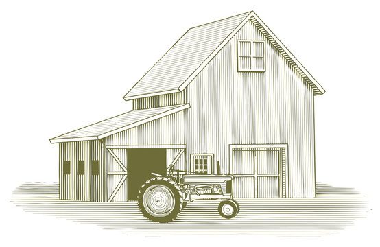 Woodcut Tractor And Barn