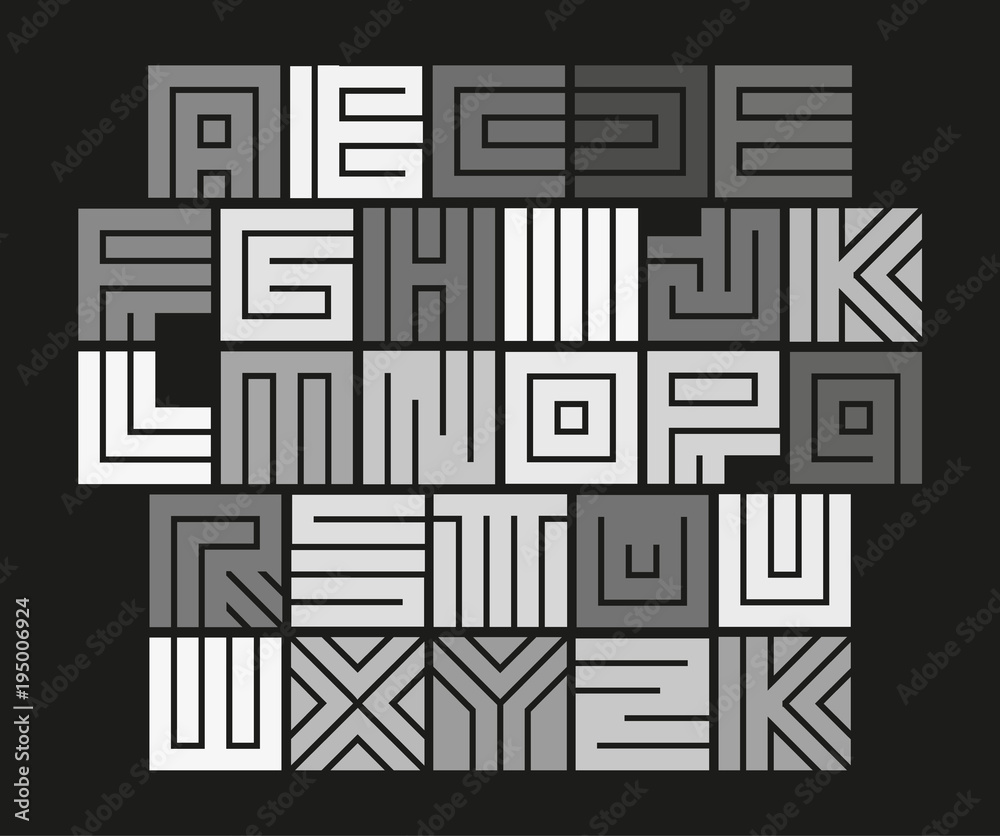 Poster geometric maze alphabet. isolated unusual tile letters set, abstract vector white font on black back