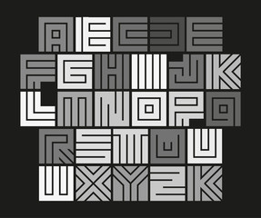 Geometric maze alphabet. Isolated unusual tile letters set, abstract vector white font on black background.