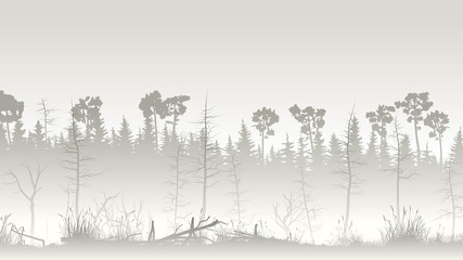 Fototapeta premium Illustration of forest with grass swamp and deadwood.