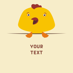 Funny chicken looks out from behind the text. Postcard with cartoon chicken with a field for your text.