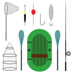 Differeent fishing equipment icons isolated on white background. Fishing boat, equipment, landing net and spinning. Vector illustration