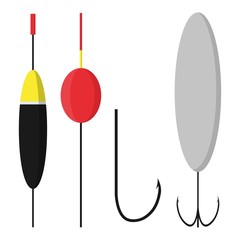 Set bobbers and hooks isolated on white background. Fishing accessories in flat style. Vector illustration © photoplotnikov