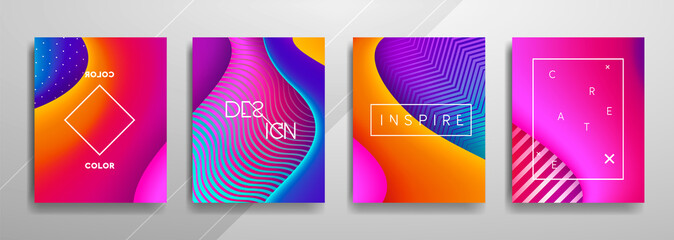 Abstract Fluid, lines and shapes creative templates, cards, color covers set. Geometric design, liquids, shapes. Trendy vector collection.