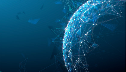 Low polygonal design, futuristic space or data and technology concept, 3d vector illustration with virtual reality effect, abstract tech background.