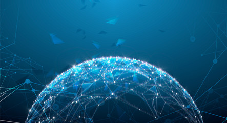 Low polygonal design, futuristic space or data and technology concept, 3d vector illustration with virtual reality effect, abstract tech background.