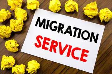 Fototapeta premium Handwritten text showing word Migration Service. Business concept writing Online Network Idea Written on sticky note paper, wooden background with space office view with folded yellow paper