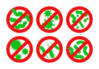 Antibacterial sign. Stop bacteria red alert circle with germs. Vector illustration for your design.