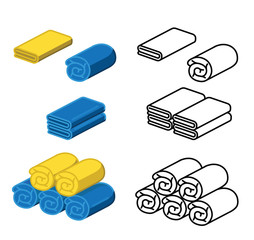 Set of towel vector illustration. Folded towels in flat cartoon and line icon style. Yellow and blue towel. line towel.Towel roll for spa, kitchen, bath and others