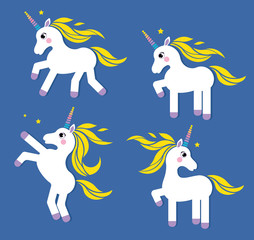 Vector illustration set of cute white fairy  unicorn on the blue background with yellow hair and colorful horn.Cute magic collection with unicorn. Pony character