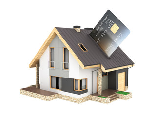 Concept of purchase or payment for housing Illustration of a house as a pos terminal with credit card isolated on white background 3d render without shadow