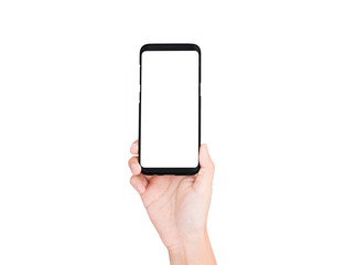 Hand holding cellphone blank on white screen and white background