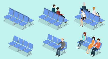Isometric 3D vector illustration set collection of people sitting on a bench and waiting for reception