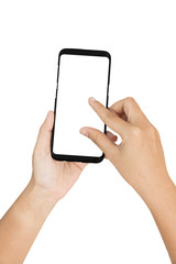 Hand holding cellphone and finger action magnify screen, White screen and background