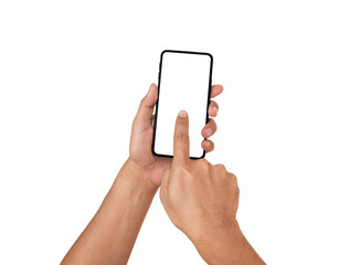 Hand holding cellphone and finger touching on white screen